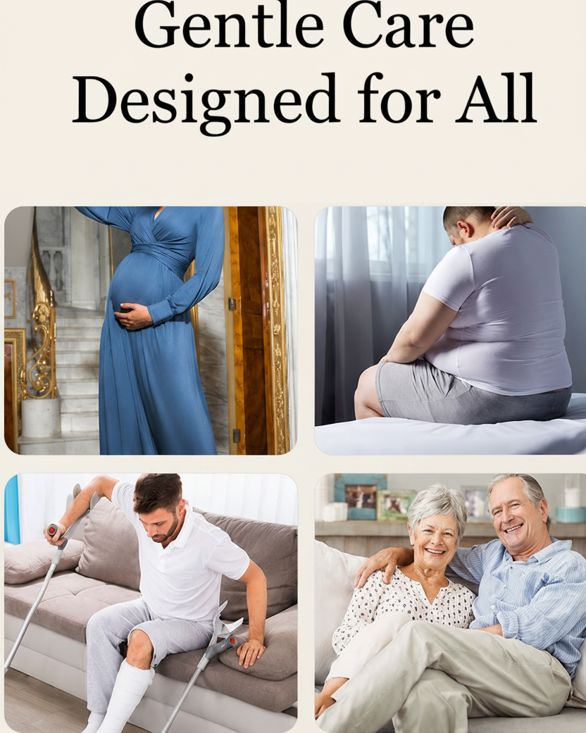 Collage of people using a product with text 'Gentle Care Designed for All' on a white background.