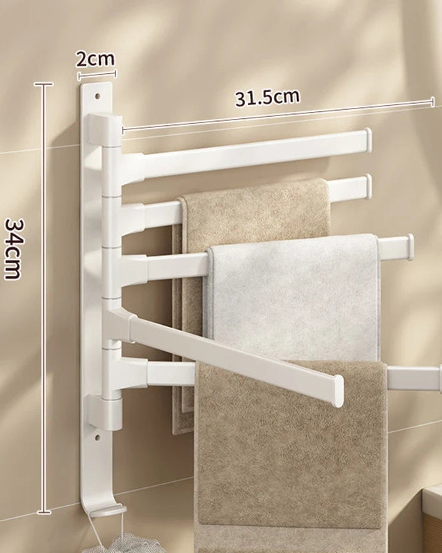White towel rack with dimensions on a tiled bathroom wall